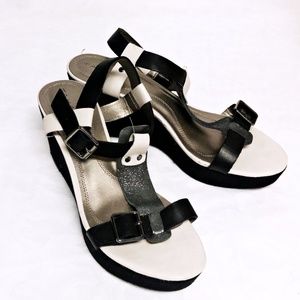 Tahari Tan Black Pewter Sparkle Sandal Wedge Shoe